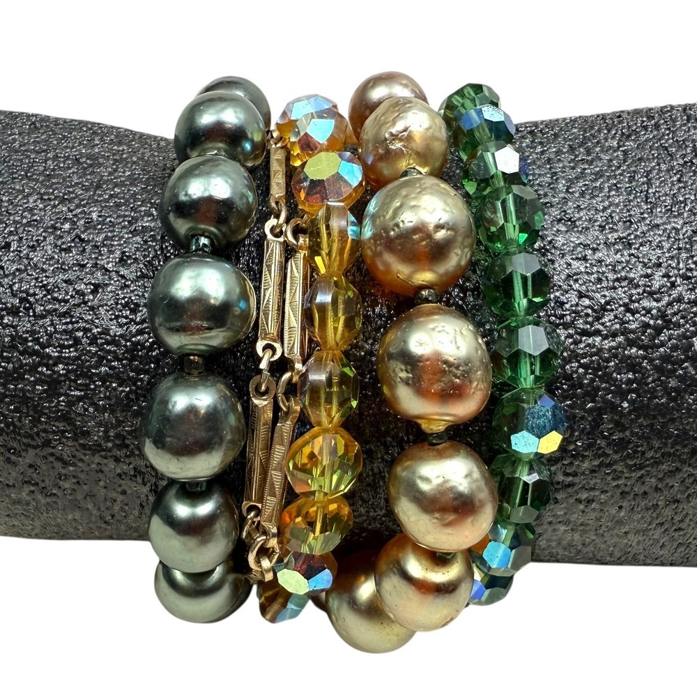 Multi Strand Gold Tone Statement Pearl Faceted Glass Beaded Bracelet Jewelry Sz6